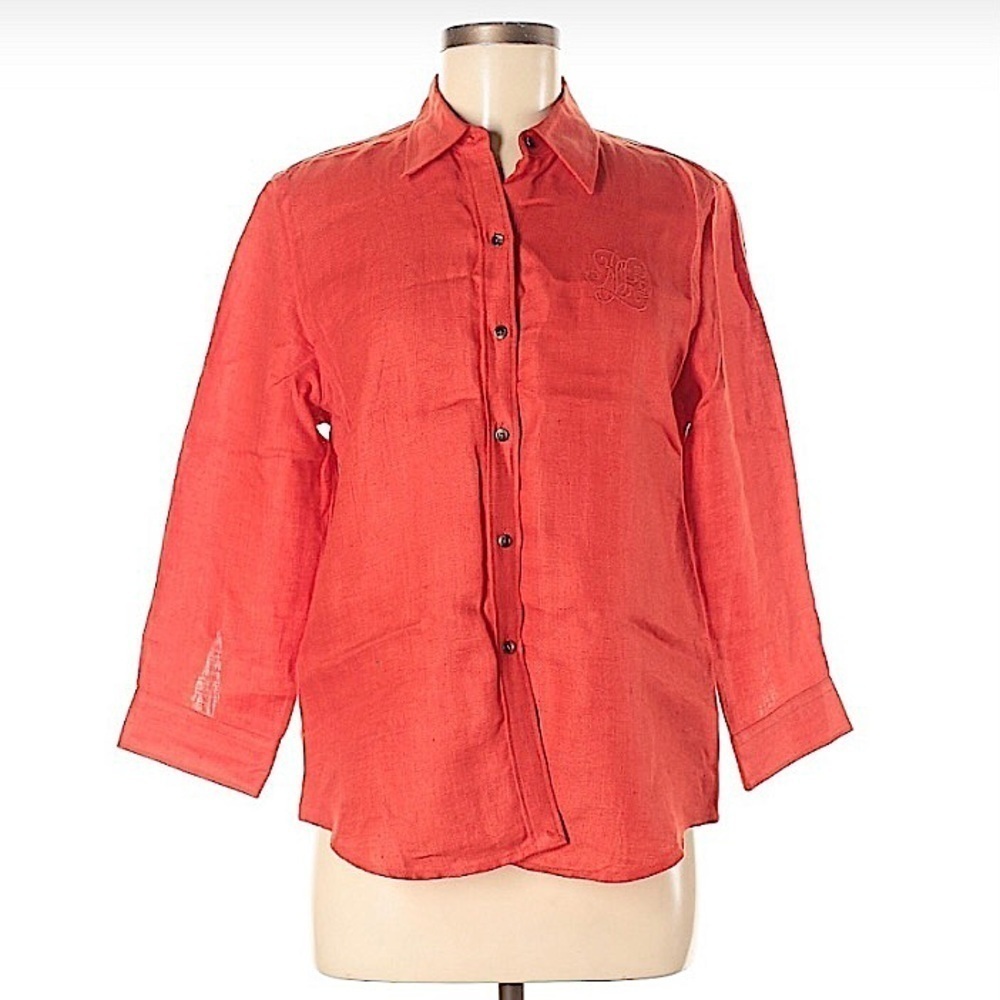 𝅺LAUREN Ralph Lauren Red Orange Linen Button Up Shirt Size Petite Medium